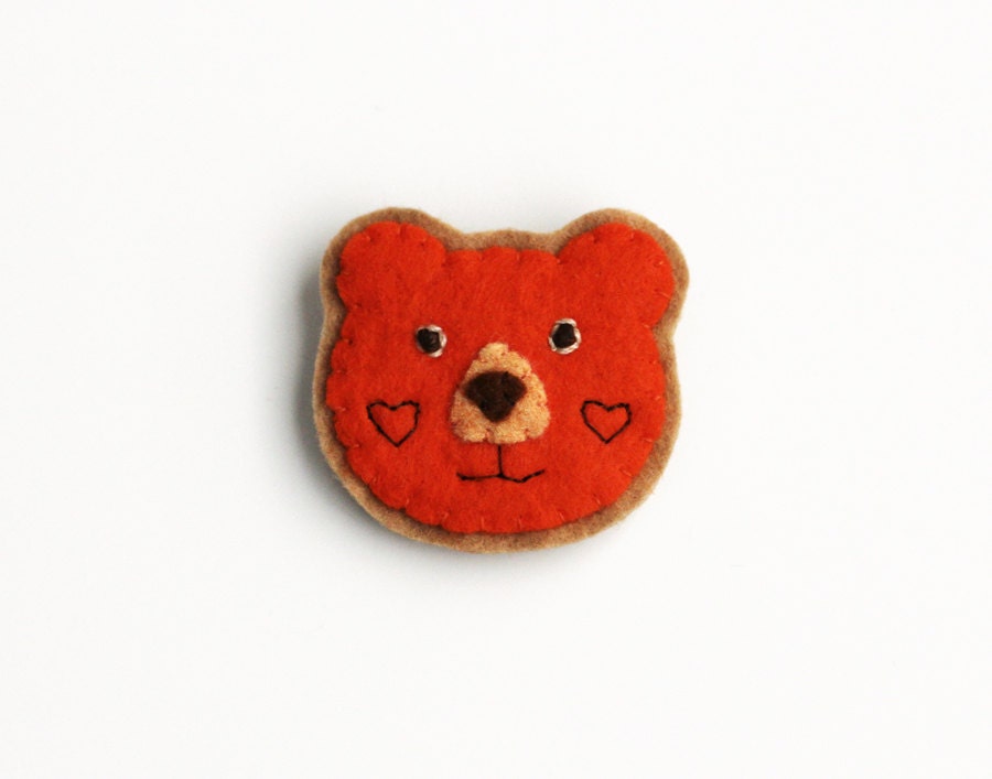 Bear Brooch,  Animal Brooch, Felt Pin - Orange Heart Bear - OOAK