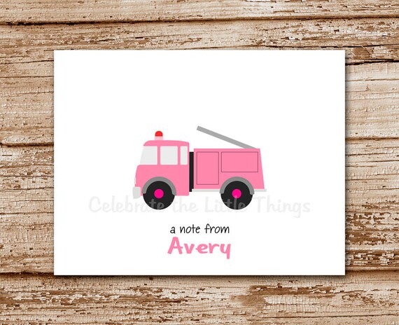 SET of 8 Pink FIRE TRUCK Thank You Note Cards for Girls : personalized stationery, notecards Il_570xn