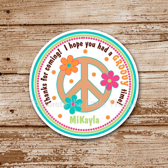 SET of 12 HIPPIE Chick, PEACE Sign Favor Tags or Stickers Il_570xn