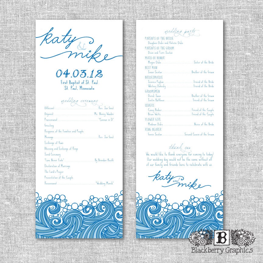 DIY printable, waves and nautical, 2 sided Wedding Program, Katy design