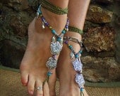 GAIA BAREFOOT sandals Army Green ANKLETS Gypsy Sandals sole less shoes Crochet anklets Antique flowers