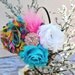 Robin Egg Blue, White and Multi Colored Shabby Rosette Skinny Metal Headband with Pink Rhinestone Button and Pink Marabou Feather Accent