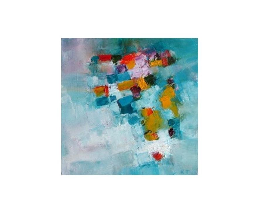 Turquoise and orange,  Aqua blue Abstract, Oil on canvas original abstract painting 12x12"