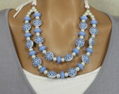 Feminine Blue and White Double Strand Floral Beaded Necklace, Cottage Chic