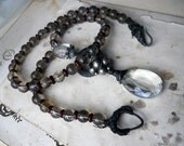 Beaded Necklace -- Smoky Quartz, Wood, Metal, Steel, Glass, Mexican Silver Charm, Leather - Rustic Assemblage Necklace