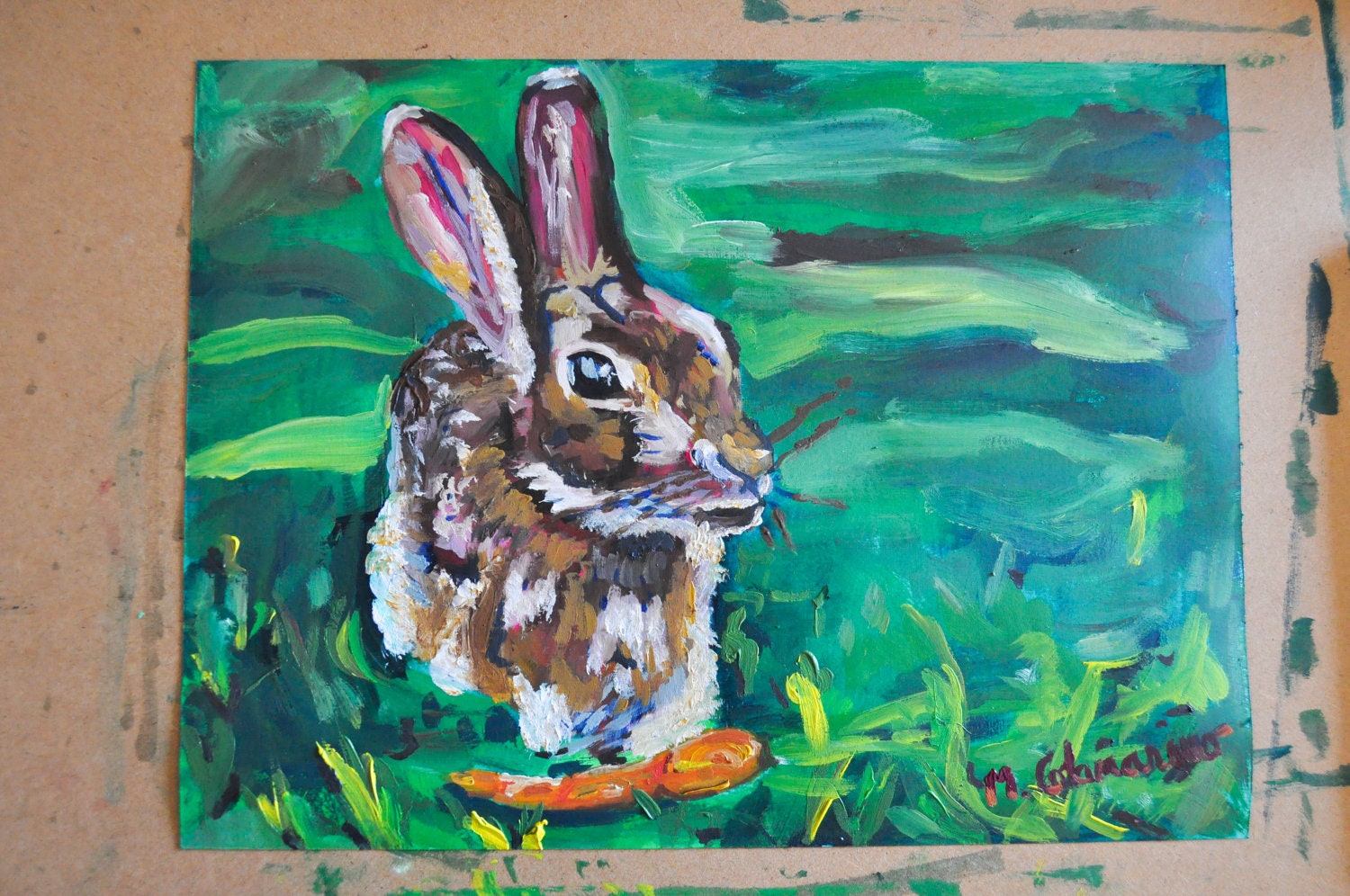 Rabbit eating a carrot painting in green grass brown hare long ears oil painting on 9x12 painting paper