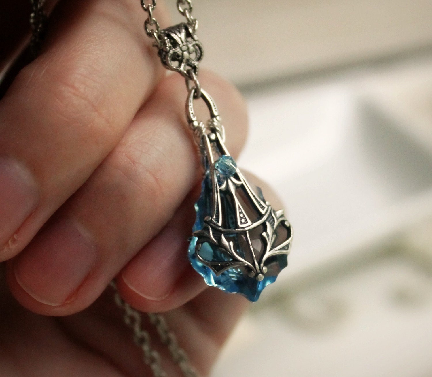 Mariah Aged Silver and Swarovski Necklace - Silver - Aqua - Aquamarine - Blue - Victorian - Nouveau - Wedding - Bridal