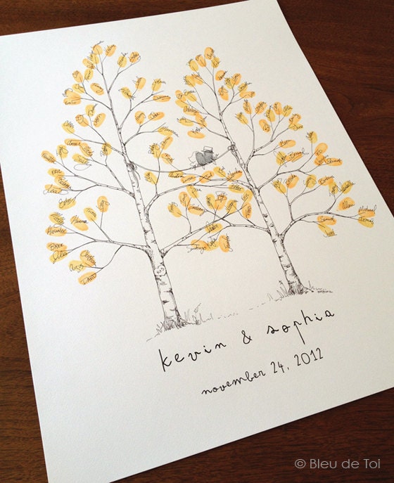 New Design, Discounted, Twin Aspen Design, The original hand-drawn wedding guest book fingerprint tree (ink pads sold separately)
