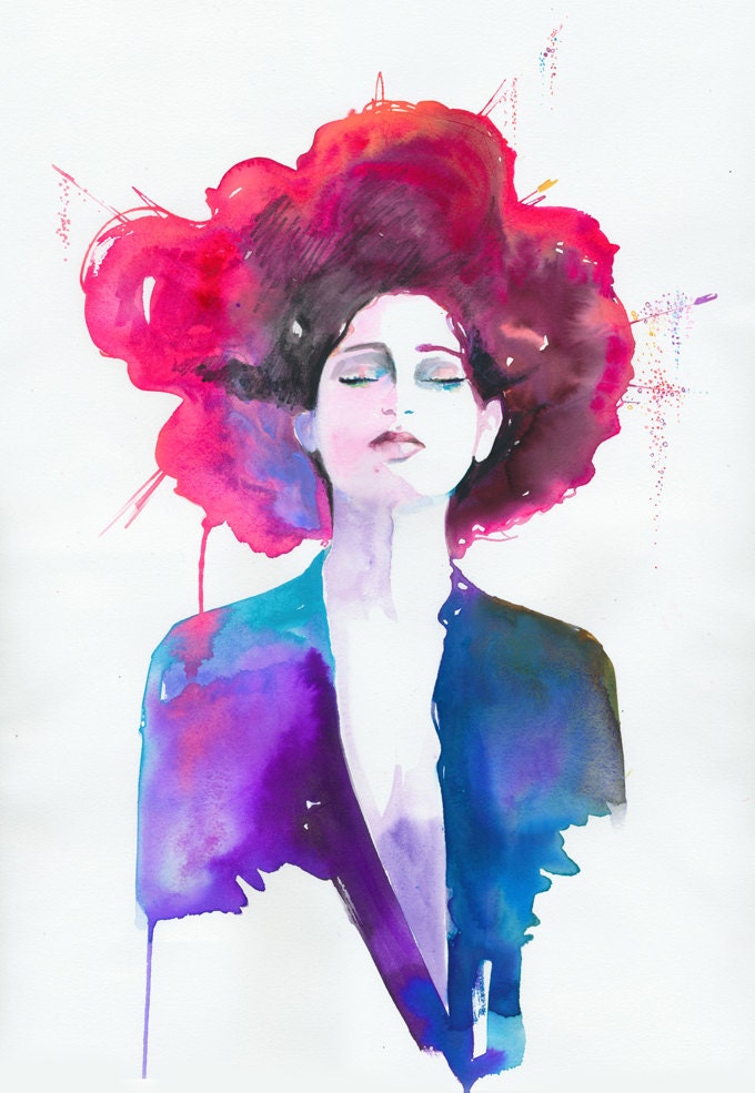 Print of Watercolor Painting Fashion Illustration. titled: Neon Geisha