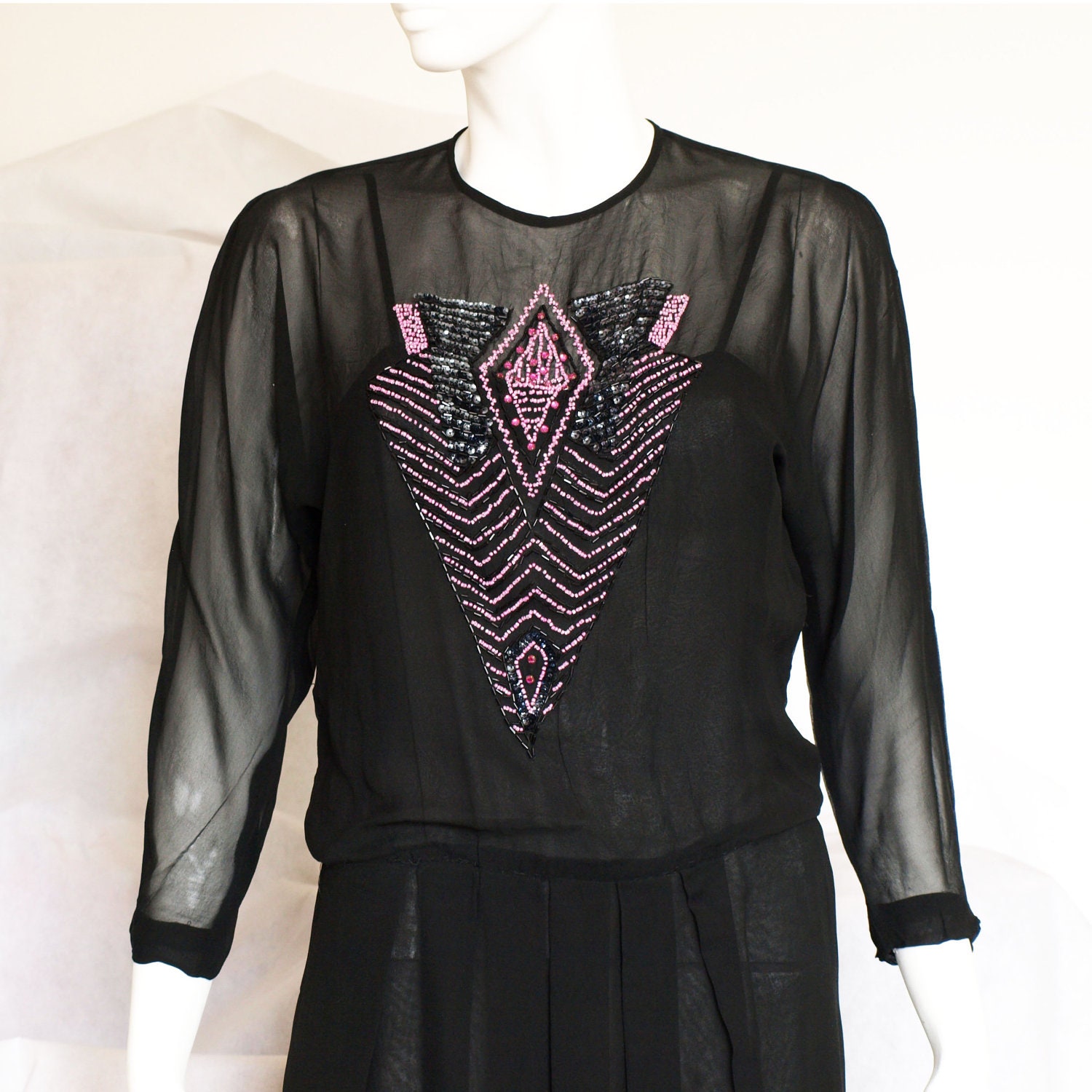 Vintage 20s black silk chiffon sheer Gatsby flapper dress with pink art deco arrow beading small