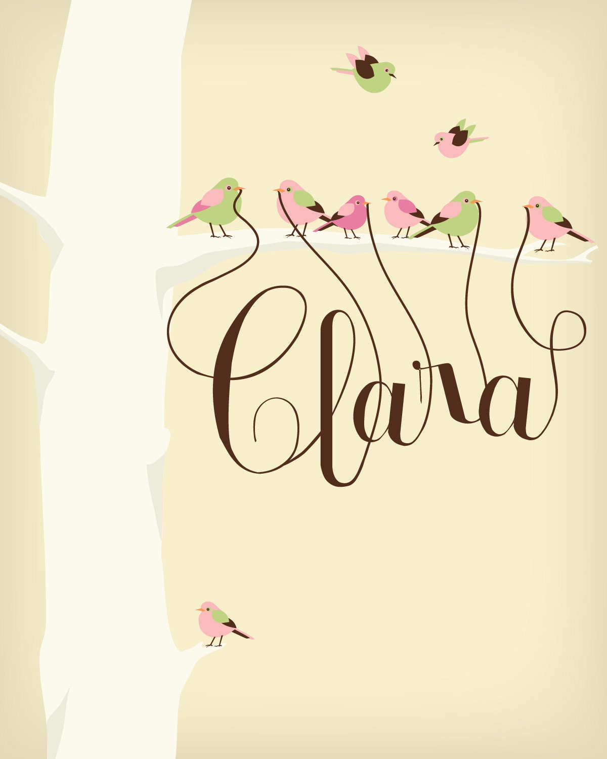 8 X 10 Personalized childrens / nursery art print featuring your childs name dangling from the beaks of tiny birds.