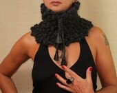 Warm Desire / Chunky Black Scarf Collar Unisex Neck Cowl Warmer Dark Charcoal Loop Scarf with Leather Fringes Fall Winter Accessory