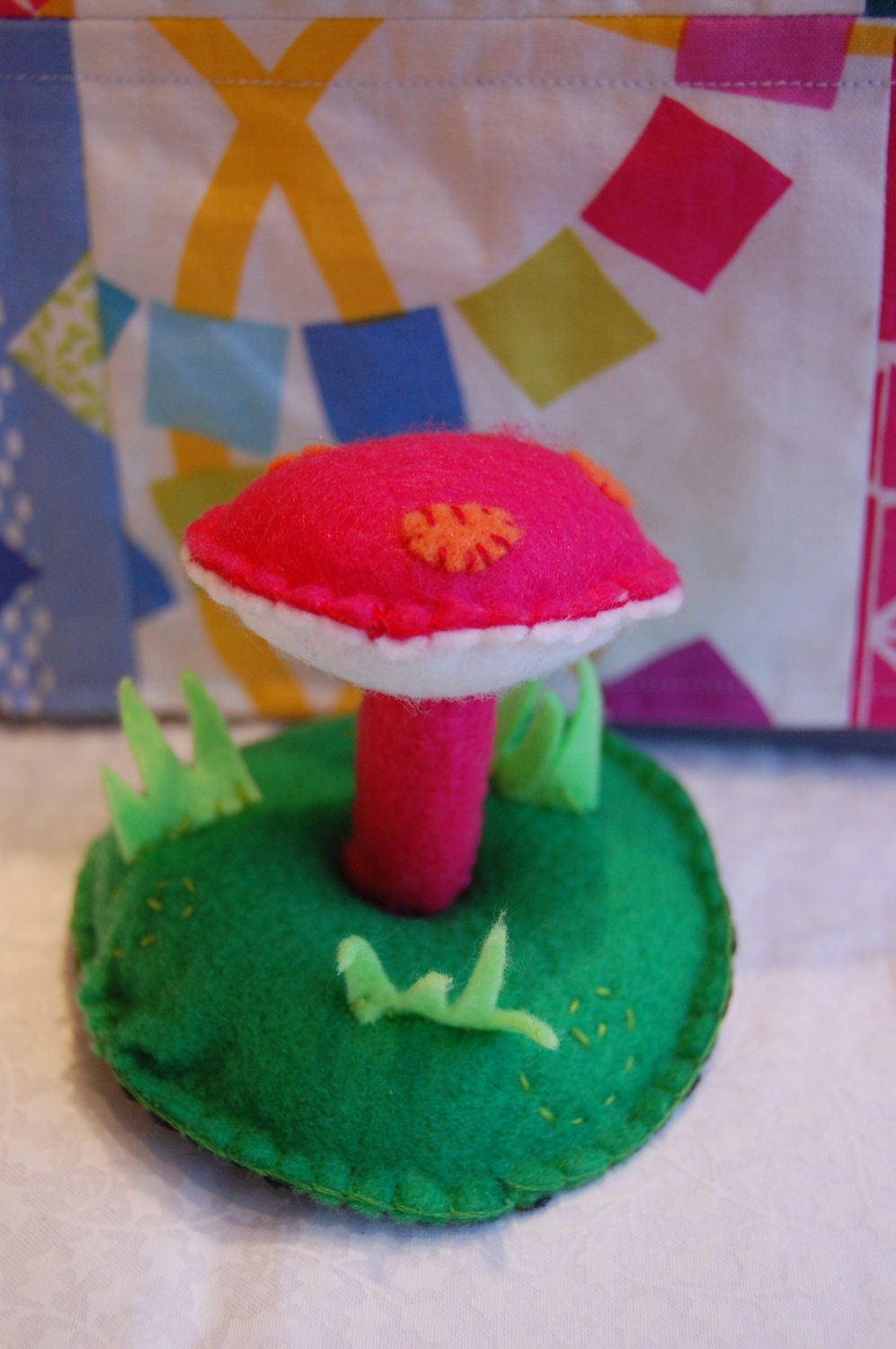 Pink Felt Mushroom Landscape Scene in Wood Box