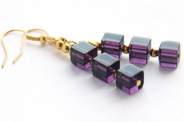 on Vacation / Modern Purple Stacked Cube Earrings in Gold. 24K Gold Plated. Amethyst Color, Handmade in Canada tagt team