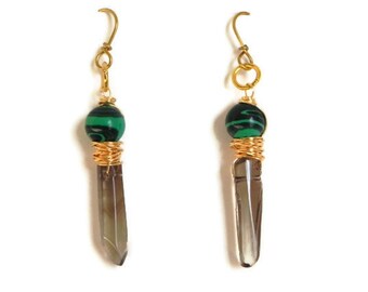 smokey quartz earrings, malachite beadwork earrings, smokey quartz and malachite earrings, gold earrings