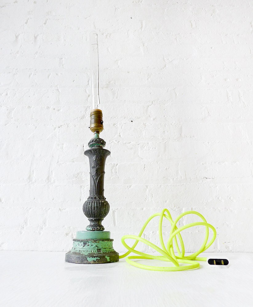 30% SALE - Shabby Chic Electricity - Cast Iron Candlestick Light with Neon Yellow Color Cord