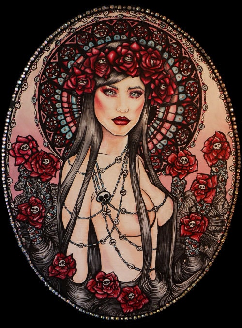 Pin Up girl Tattoo Art Tattoo home decor Gothic Art Nouveau Lowbrow Print Skull Art Eyes Flowers Print of Oil Painting fantasy illustration