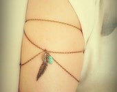 Armlet Slave Bracelet Upper Arm Bracelet Boho Upper Arm Cuff Chain Arm Band Feather Charm Turquoise Bohemian Drape Arm Jewelry