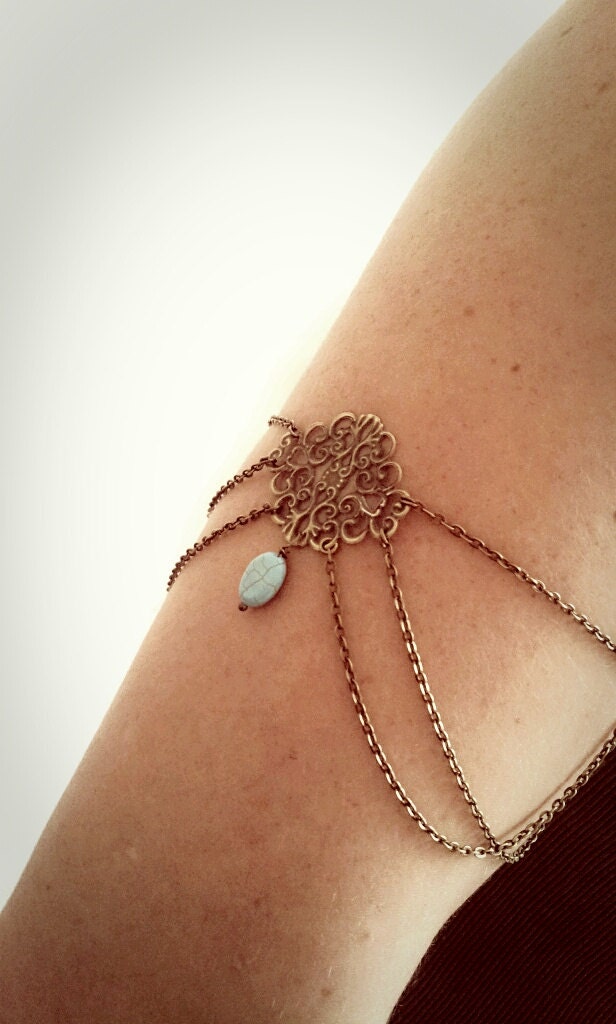 Armlet Slave Bracelet Upper Arm Bracelet Boho Upper Arm Cuff Chain Arm Band Floral Center Turquoise Bohemian Drape Arm Jewelry