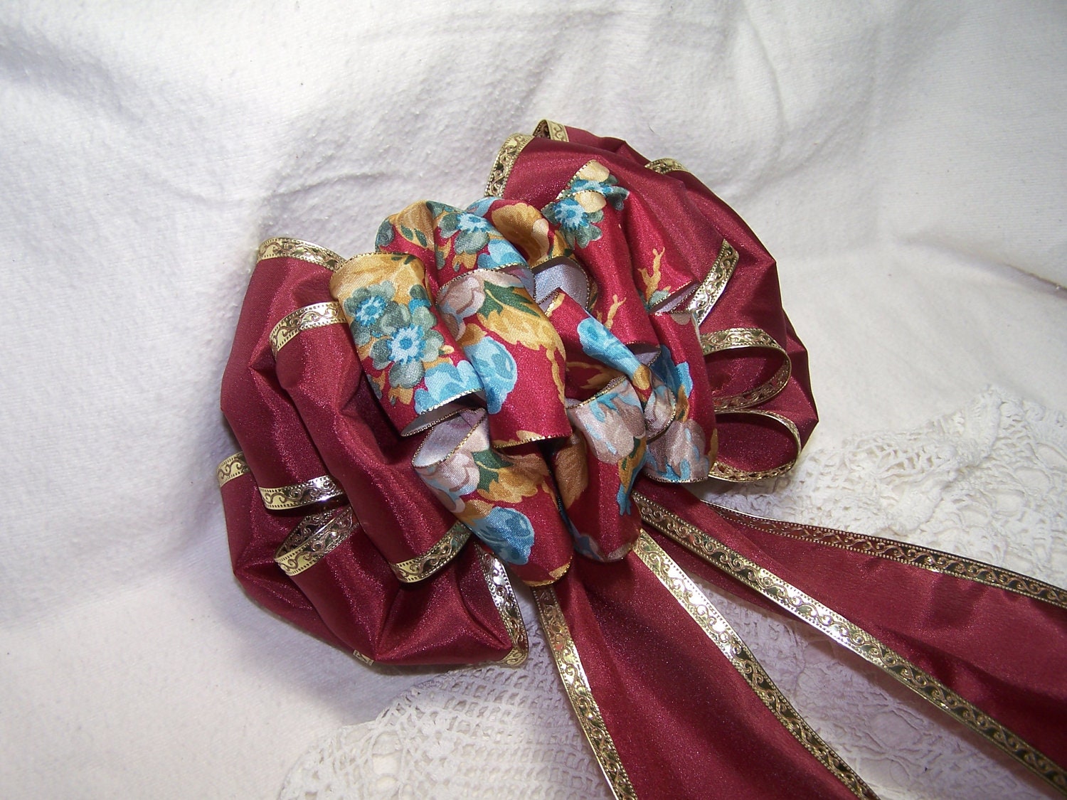 One of a Kind Extra Large 10 inch Bow Gold and Burgundy Wine Turquoise Handmade Wreath Holiday Decoration Door Gift