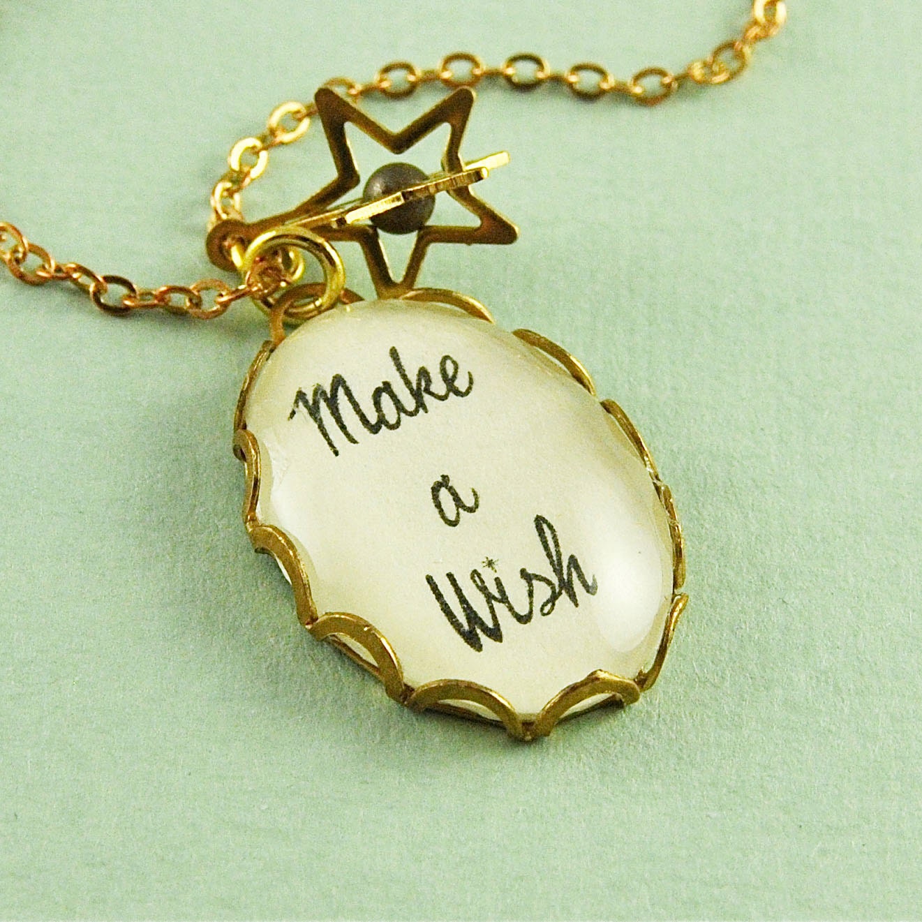 Brass Make A Wish Bubble Phrase Necklace with Star Accent