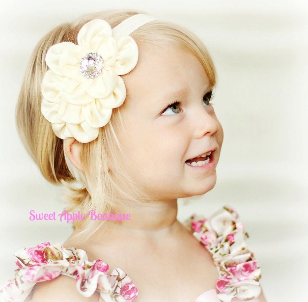 Ivory Flower Headband - Satin Flower Headband - Elastic Headband - Newborn Headband. Baby Girl Hair Accessory. Ivory Headband
