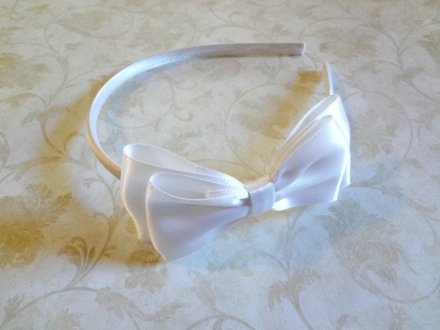 White Satin Bow Headband - Girls Hair Accessories - Teen Headband - Adult Headband - Flower Girl Headband. White Hair Bow Headband