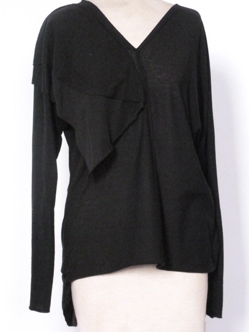 Black Long Sleeve Top, draped fabric on one shoulder,chic,cotton rayon jersey by Cheryl Johnston, custom order, many colors