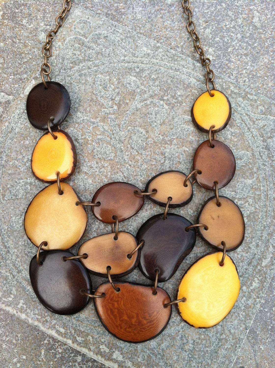 TAGUA nut Statement Bib Necklace - Brown, Tan, Saffron - Vegetable Ivory - for Charity