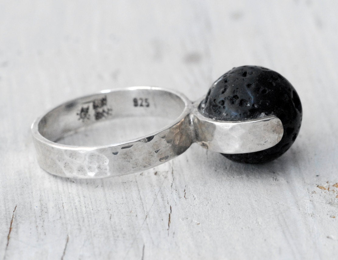 Black Lava Rock Ring -  Hammered Silver Ring Santorini
