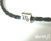 Scorpio Zodiac Bracelet, Silver European Slide Style Charm on Black Braided Leather Bracelet