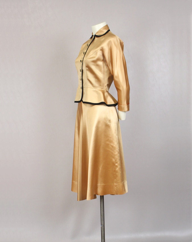 SALE Vintage 1950s Dress Set Gold Liquid Satin Full Skirt  Peplum Jacket XS