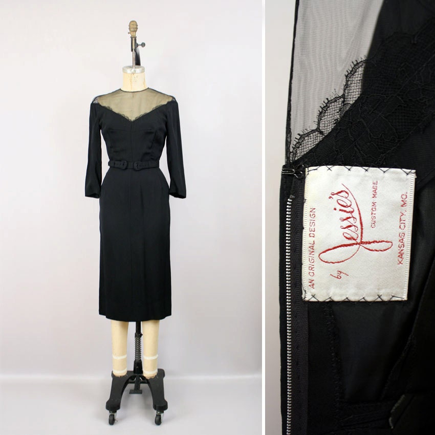 Vintage 1950s Wiggle Dress Little Black Dress Illusion Neckline VLV Bombshell Dress