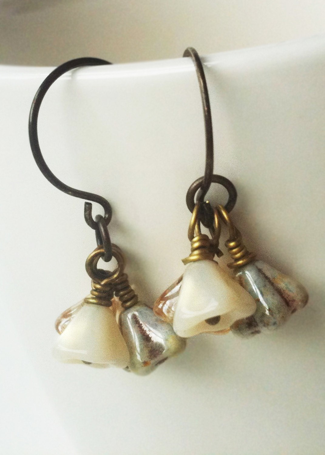 Baby Romantically Neutral Florals. Vintage inspired antiqued brass earrings. Flower Trio. Cascading bouquet of flowers.