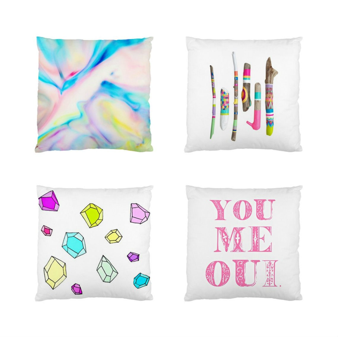 Throw Pillow Cases Set - Neon Pop, White Background, Painted Sticks, Driftwood, You Me Oui, Gemstones, Abstract, Galaxy, Home Decor, Couch