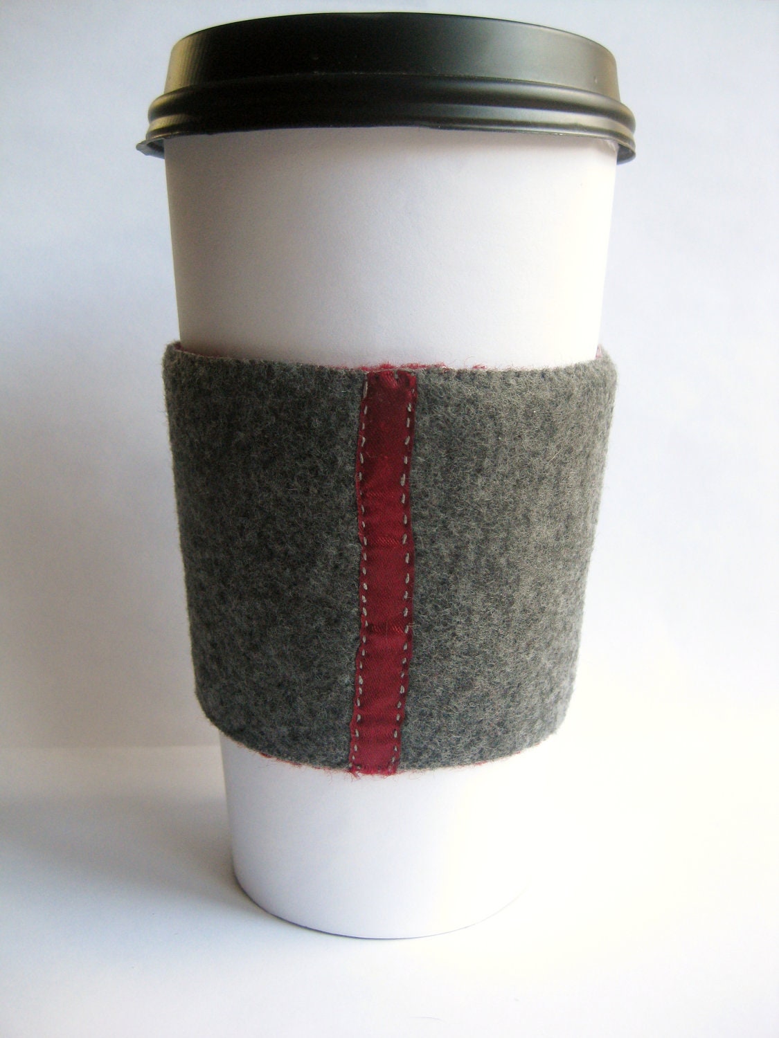 Gray with Burgundy Ribbon Stripe - Felt Cup Sleeve