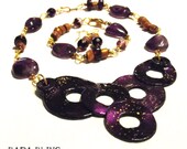 Deep Purple Amethyst Bubble Bib Necklace, Bracelet and Earring Set with Black and Gold - For Her, Statement, OOAK, Mother's Day Gifts