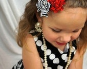 Red Black ZEBRA / Shabby Chic and Satin Flower Headband / Zebra Bow / Elastic Headband - Newborns / Toddlers / Wedding / Valentines Day