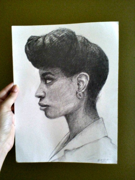 Natural Hair Portrait Art Original Pencil Drawing - African American Woman - Pompadour