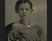 MINIATURE Tintype Photo / Delicate Little Girl w Big Eyes & Off Shoulder Dress