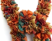 Ruffled Scarf -  Fall Colors Orange, Teal, Rust, Sage and Bronze Metallic