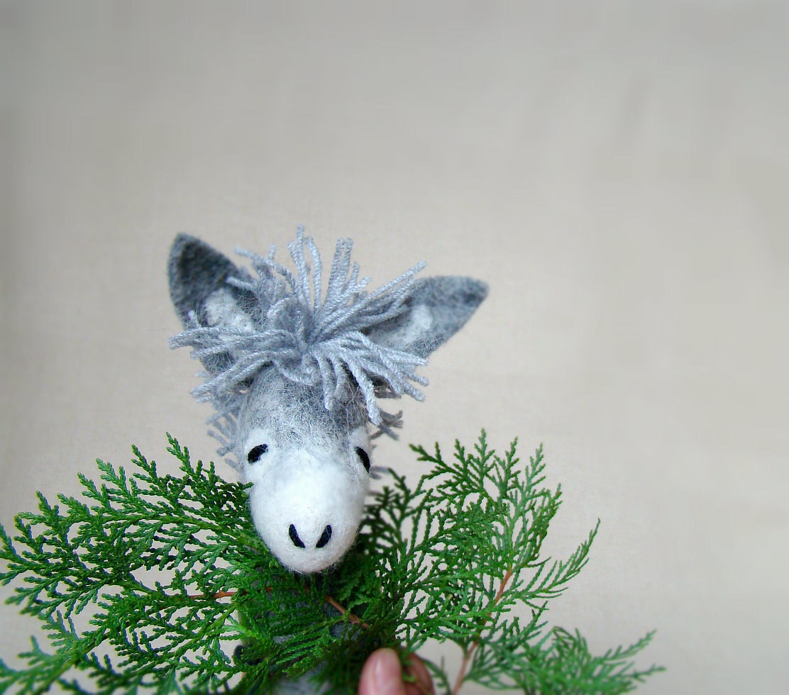 Sergio - Small Felt Donkey. Art Toy. Felted Stuffed Marionette Puppet Handmade Toys. grey white green nature. MADE TO ORDER..
