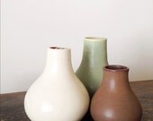 Handmade ceramic trio of vases home decor in green fern, brown and satin cream glazes - wedding gift