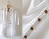 M Swan blouse, printed white voile with wooden style buttons (size 12)