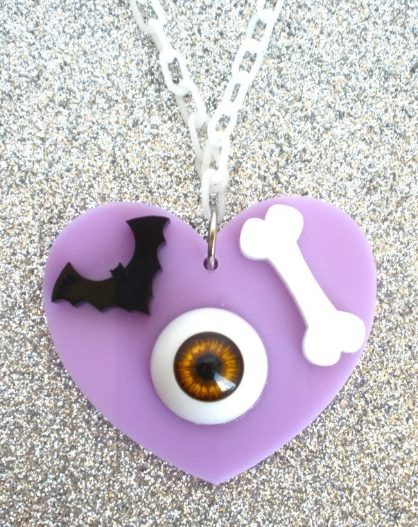 Eyeball Bat and Bone Lilac Acrylic Heart Necklace