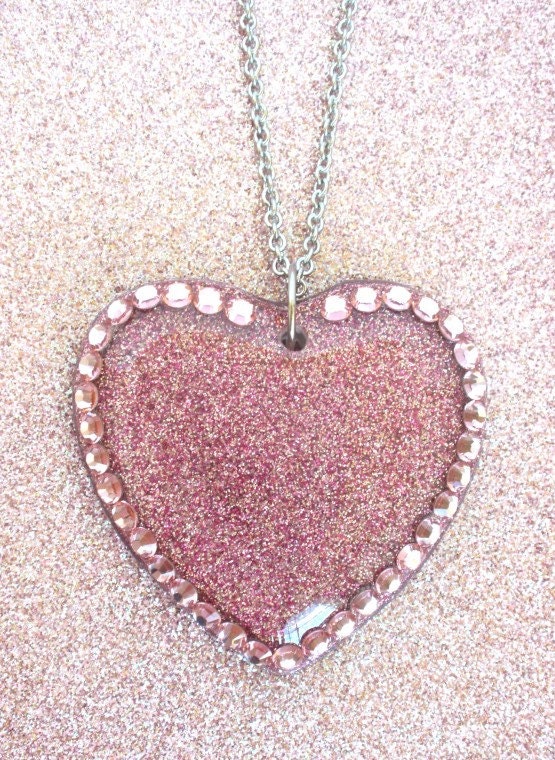 Resin Pink Glitter Heart Swarovski Pendant Necklace