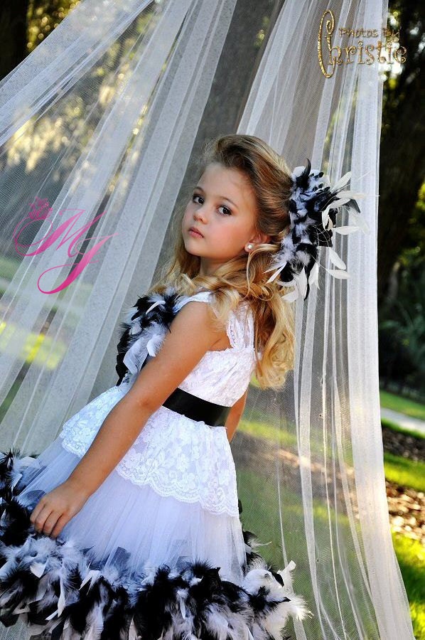 Black and White Lace Feather Girls Dress