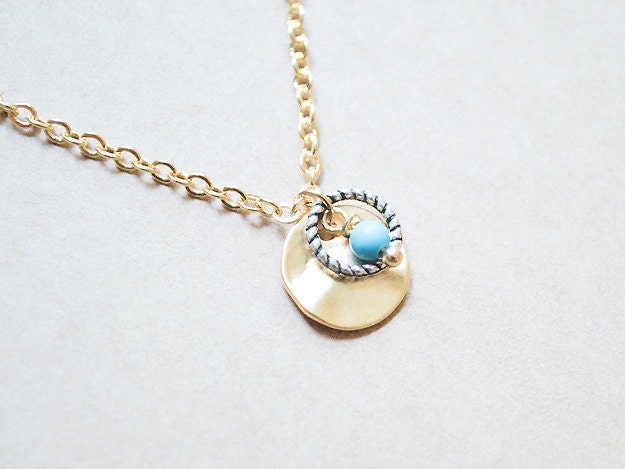 Hammered Disk Necklace with Silver Braided Ring and Turquoise Bead