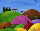 Hilly High Hopes 20x16 Spring, Summer or Fall Original Folk Art Acrylic Painting with Dachshund Groundhog Horse Cow Balloon Kites Kids