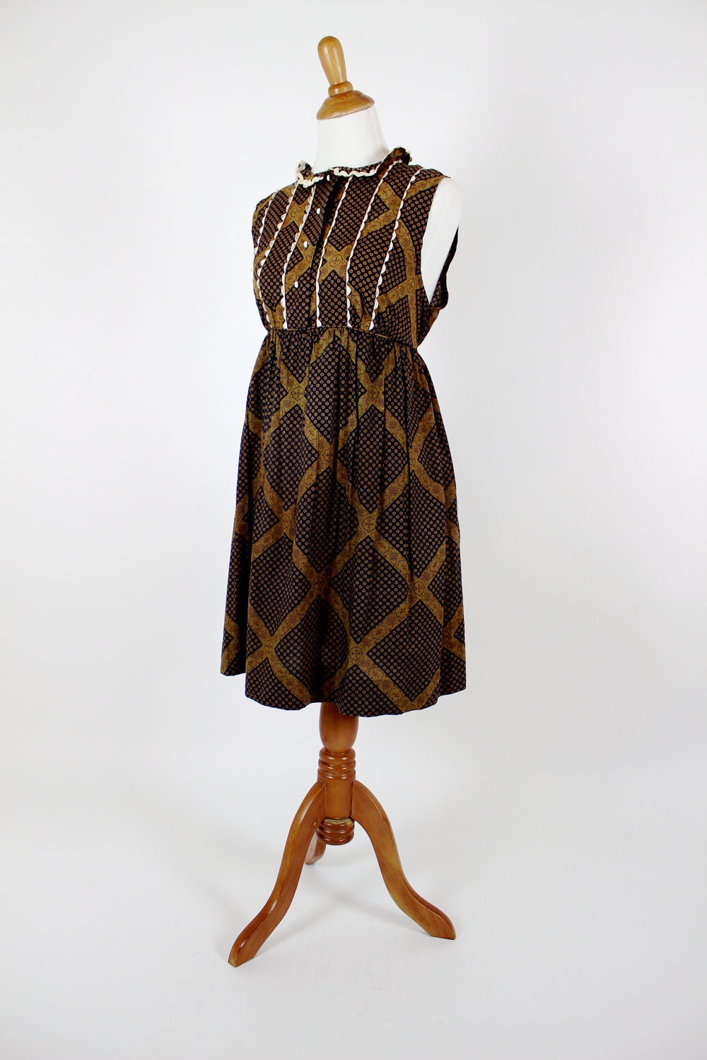 Vintage 1970's Dress - Brown and Gold Calico Print Dress - Medium
